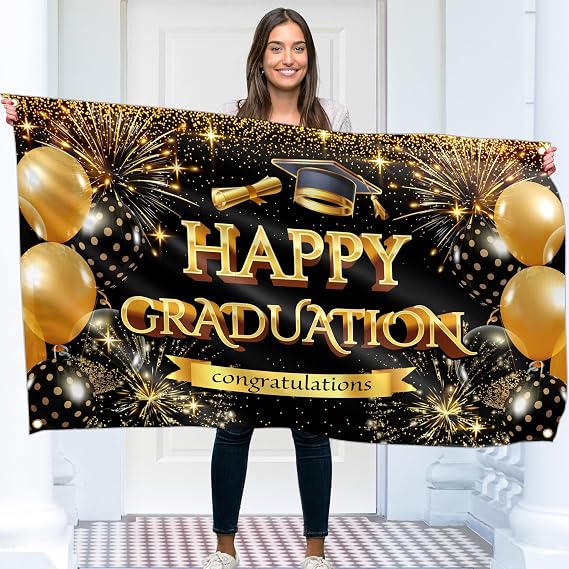 Graduation Banner - Congratulations Decorations 5x3ft - Well Done Banner - We Are So Proud of You - You Did It (Black & Gold)