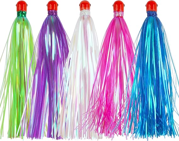 Mylar Flash Teaser Tails Fishing Bucktail Lures - Weighted Jig Heads 0.35oz Trolling Skirts for Saltwater Ballyhoo Strip Baits