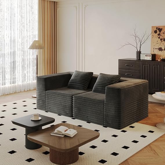 Modular Sectional Couch, Deep Seat Compression Sofa with Corduroy Fabric, Memory Foam Cushions, No Assembly Floor Lounger for Apartment Bedroom Guest Space (Dark Grey,Loveseat)