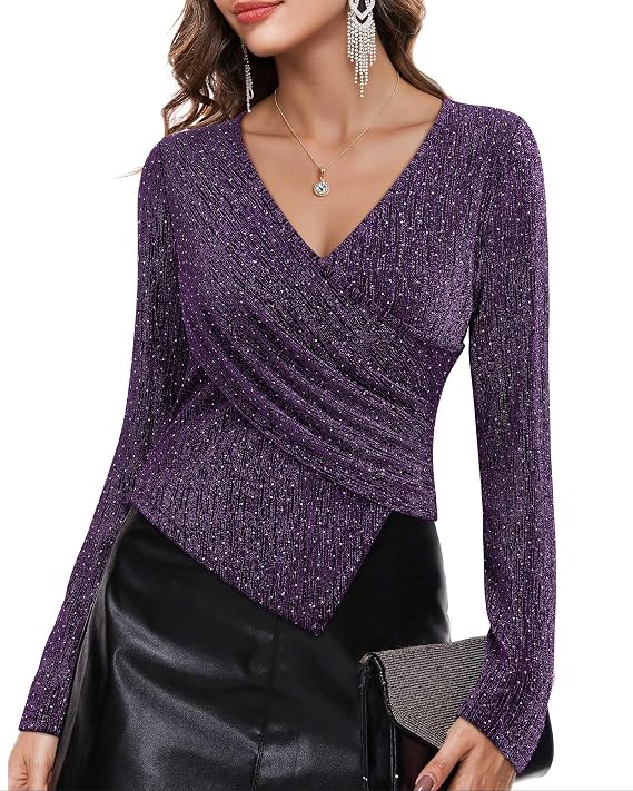 VALOLIA Womens Sparkly Tops Rhinestone Shiny Long Sleeve Ruched Asymmetrical Sparkle Blouses Cocktail Party Evening Shirts