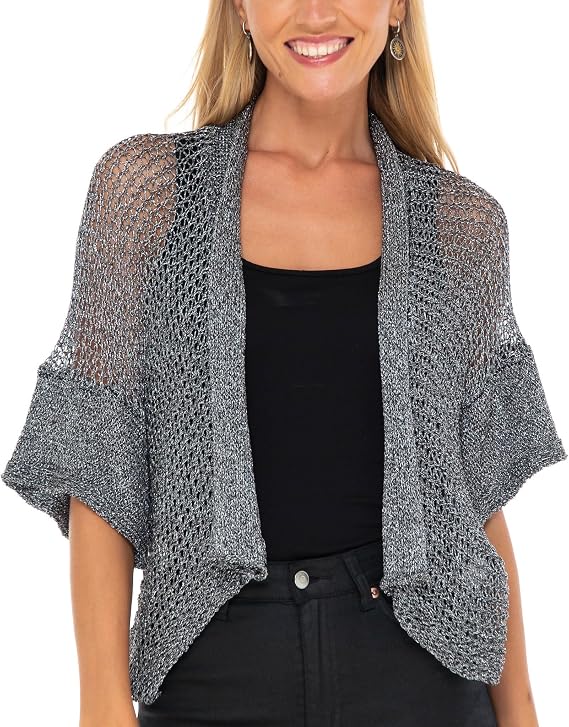SHU-SHI Womens Short Sleeve Bolero Shrug Open Front Knit Cardigan Sheer Sweater