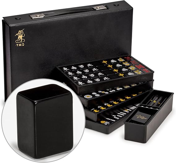 Yellow Mountain Imports Japanese Riichi Mahjong Set - Black Standard Size Tiles and Vinyl Case - with East Wind Tile, Set of Scoring Sticks, Dice