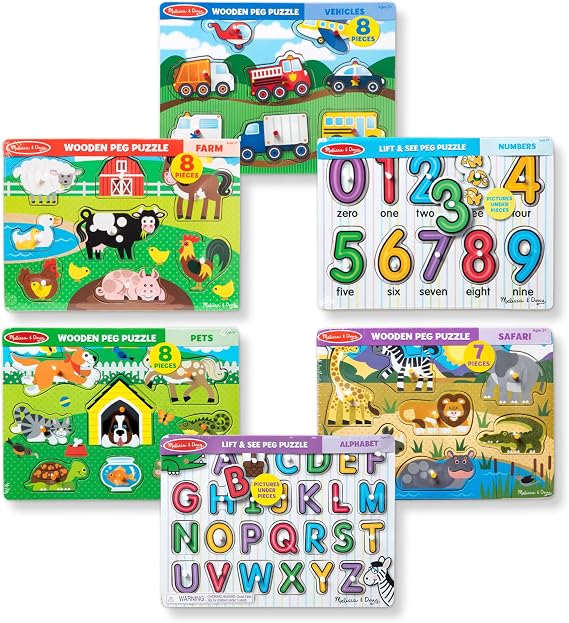 Melissa & Doug Wooden Peg Puzzle 6 Pack Numbers, Letters, Animals, Vehicles