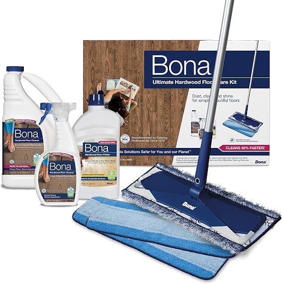 Bona Ultimate Hardwood Floor Care Kit Pivoting Mop, Cleaning Solution & Refill, Floor Polish, Microfiber Pads for Dusting, Mopping & Polishing