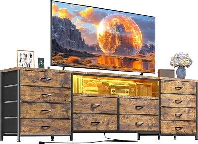 EnHomee 63 Inch Dresser for Bedroom, Fabric Dresser for Closet with 12 Drawers, Both TV Stand for 65 Inch TV, TV Table with Power Outlets & Lights for Hallway, Entryway,Brown