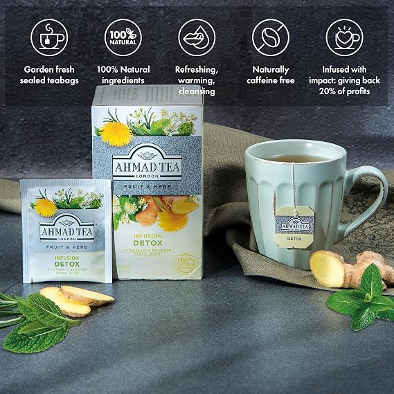 Ahmad Tea Herbal Tea, Ginger, Peppermint, Fennel, Dandelion, Birch Detox Teabags, 20 ct Pack of 1 - Decaffeinated & Sugar-Free