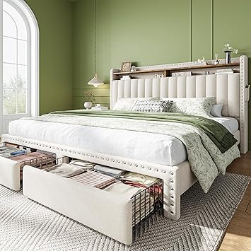 EnHomee King Size Upholstered Bed Frame with 2 Storage Drawers and 2-Tier Headboard,1000lbs Heavy Duty for Bedroom Apartment,Easy Assembly and Noise Free, Beige