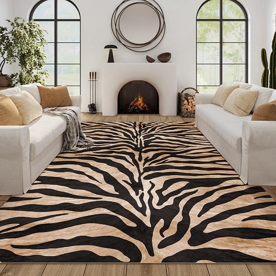 Zebra Print Rug, Brown, 8 x 10 ft, for Living Room, Animal Rug, Tiger Print Rug, Black and Gold
