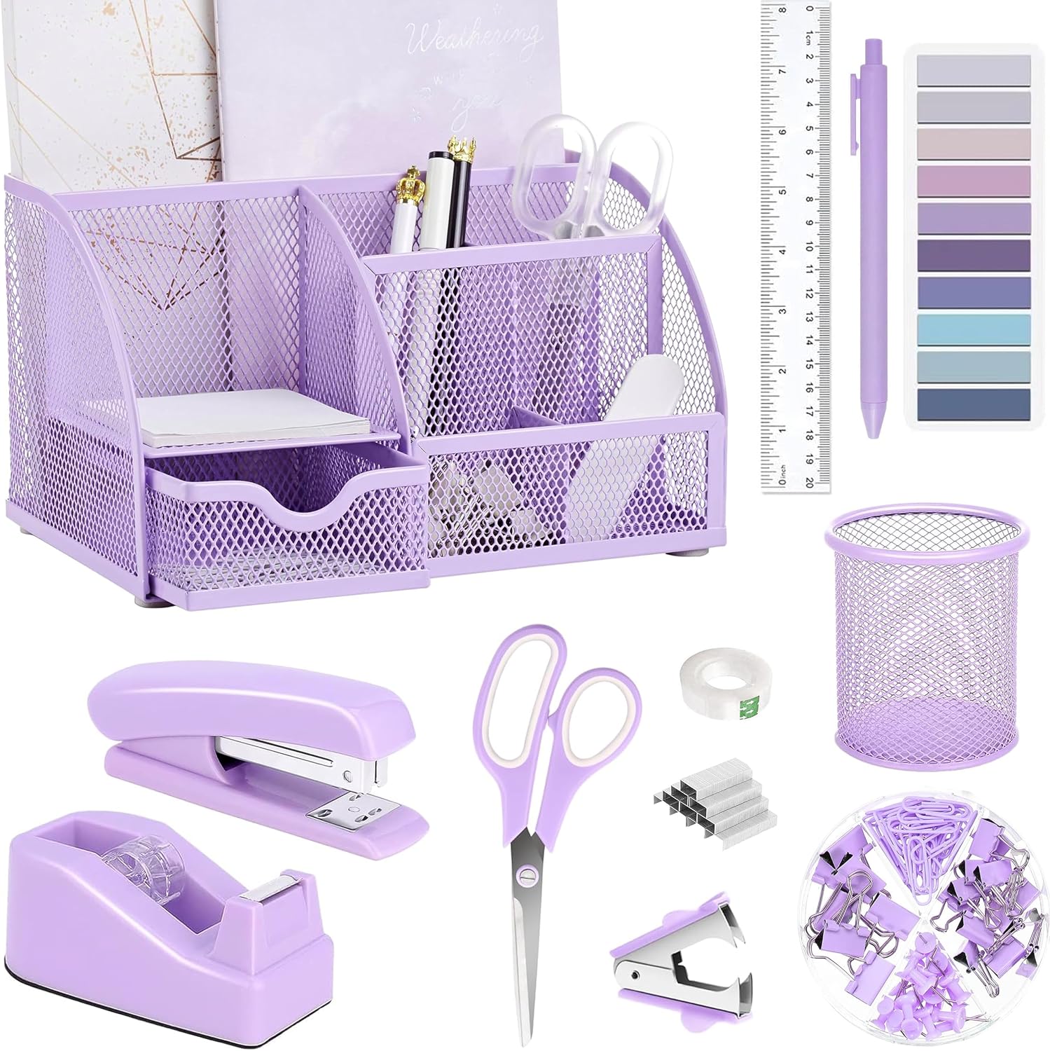 Purple Office Desk Accessories Supplies, 12 Desk Organizers and Accessories Tape dispenser and stapler, staple remove, pen holder, scissors, ruler, adhesive tab, tape, ballpoint pen and clip set