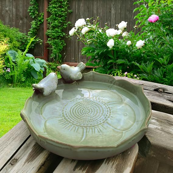 Ceramic Bird Bath for Outside on Ground, 9.45-Inch Birds Bath Bowl Only, Ground Bird Feeders and birdbath for Outdoors, Garden, Tabletop, Deck, Balcony and Lawn
