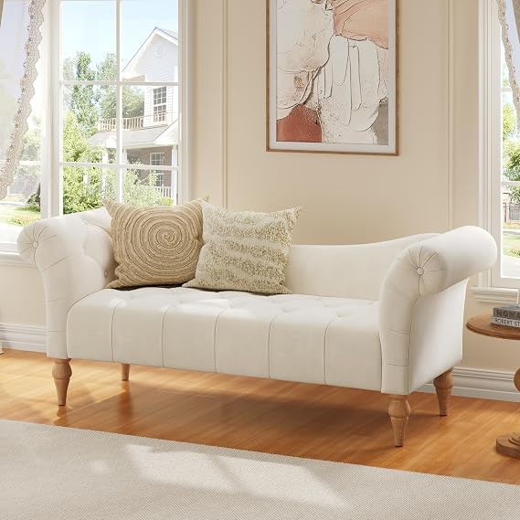 Christopher Knight Home Ucal Velvet Upholstered End of Bed Ottoman, Wooden Living Room Ottoman Bench with Curved Arms, Long Entryway Bench with Button Tufting, Long Seating for Bedroom, Beige