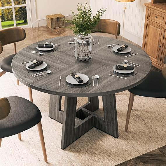 YOUDENOVA Round Dining Table Wooden Kitchen Table for 4–6 People, Circle Dining Room Tables 120cm for Living Room, Grey (Only Table)