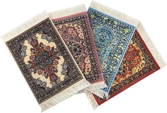 Turkish Rug Coasters Set of 4 Carpet-Style Drink mats with Fringe, Non-Slip Backing, Decorative Home Accent
