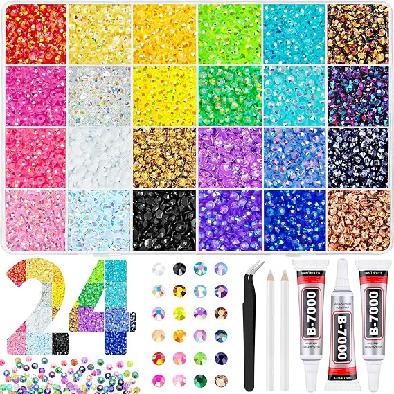 24000Pcs Bedazzling Kit, 24 Colors Bedazzler Kit with Rhinestones | Complete Bedazzle Kit with 3mm Vibrant Sparkling Flatback Gems, B7000 Jewelry Glue & Tools for Crafts, Nails, Teens & Adults