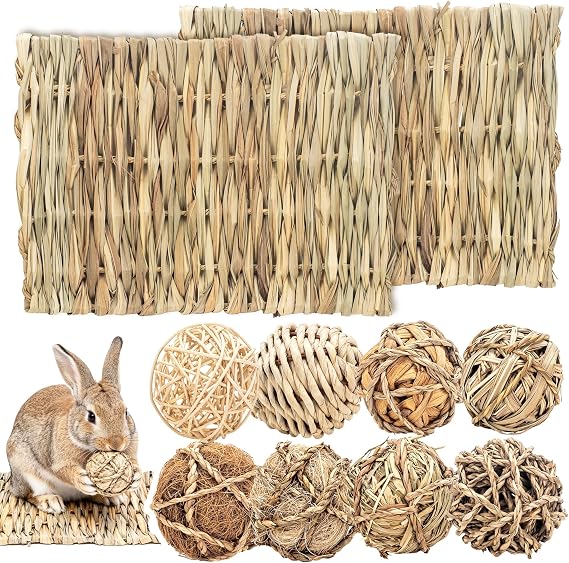 LECHONG 10-Pack Natural Rabbit Toys, Large Chew Rolling Balls & Chill Grass Mat Bed for Small Animals, Rabbits Boredom Breaker also for Guinea Pigs Chinchilla Bunnies Gerbils and Hamster Bunny