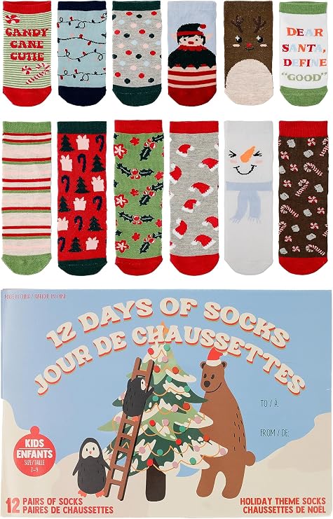 Gertex Kids Holiday "12 Days of Socks" Advent Calendar | Children's Novelty Gift Graphic Socks | Multiple Box Styles (Style 3)