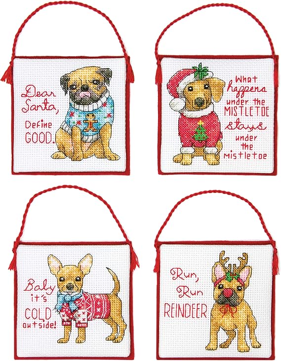 Dimensions 'Christmas Pups' Counted Cross Stitch Ornament Kit, 14 Count Ivory Aida Cloth, 4pc.