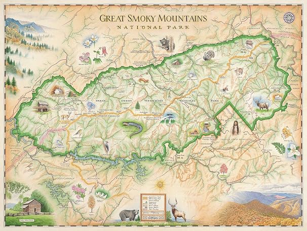Xplorer Maps Great Smoky Mountain National Park Hand-Drawn Map 24x18 Vintage-Style Lithographic Print Made in USA
