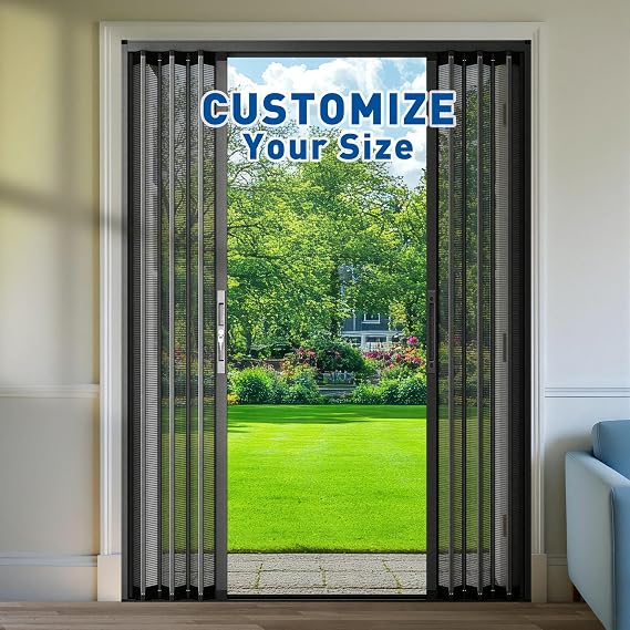 MAGZO Custom Heavy Duty Aluminum Retractable Screen Door Middle Opening | Durable Aluminum Frame & Sturdy Mesh Pet Proof with Security Lock, No Drill Easy Assemble for Front, Sliding, Patio Door