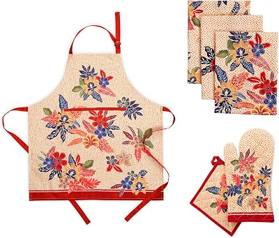 Maison d Hermine Kalahari Bundle Set 100% Cotton Apron 27.50 by 31.50, Set of 3 Kitchen Towels 20 by 27.5 and Oven Mitt 7.5 Inch by 13 InchPot Holder 8 Inch by 8 Inch
