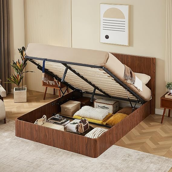 Bellemave Queen Size Lift Up Storage Bed, Modern Wooden Corrugated Curved Lines Hydraulic Storage Bed Frame Queen Size, Wing-Back and Convex Groove Board Design, Walnut