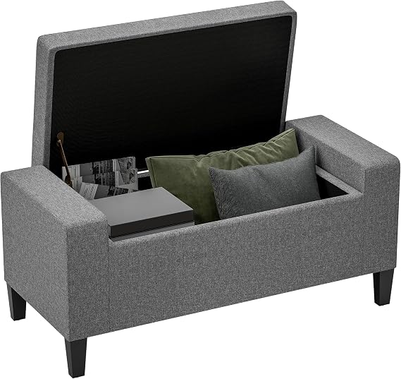 HOMCOM 36" Ottoman with Storage, Lift Top Rubberwood Legs 330 lb Gray | Storage Ottoman Bench, Linen Upholstered Entryway Seat, Living Room, Bedroom