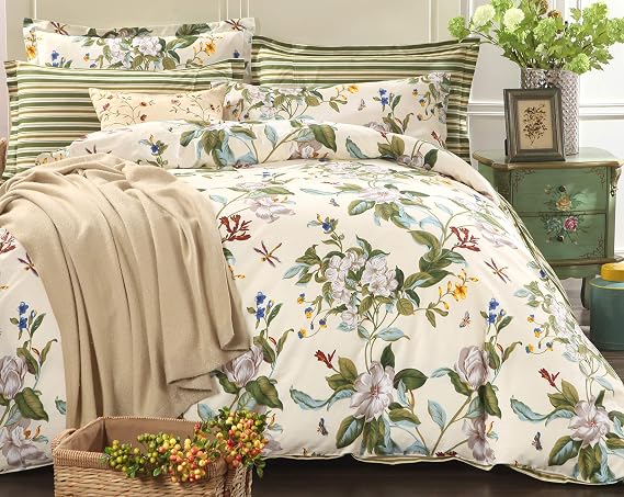FADFAY Floral Duvet Cover Set 100% Cotton Green and Beige Striped Shabby Flower Bedding Branches Botanical Printed Reversible Zipper Comforter Cover & 2 Pillowcases,Twin