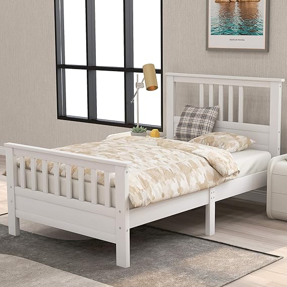 Flieks Twin Size Wood Platform Bed with Headboard and Footboard, Twin Platform Bed Frame for Kids Teens Adults (White1)
