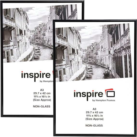 Hampton Frames Backloader Poster Frame Pack of 2 | A3 Size, Black, Acrylic Front, Foil Wrapped Plastic | Drop-In Back, Wall Mount | For Photos, Certificates, Posters