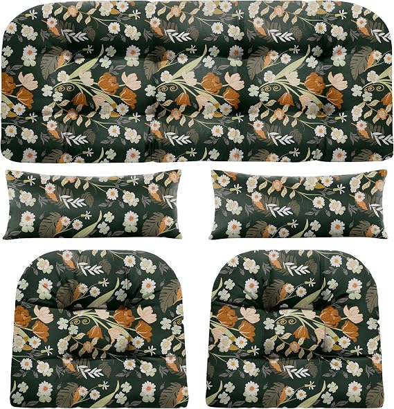 Wicker Chair Cushions, 5Pcs Outdoor Cushions Sets, Black Flower