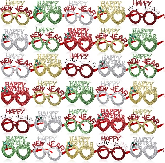 Shappy 48 Pcs Happy New Year Eve Glasses 2027 Glitter Eyeglasses | Plastic Heart and Round Sunglasses Bulk Pack for New Years Party Supplies, Festival Party Favors Photo Props
