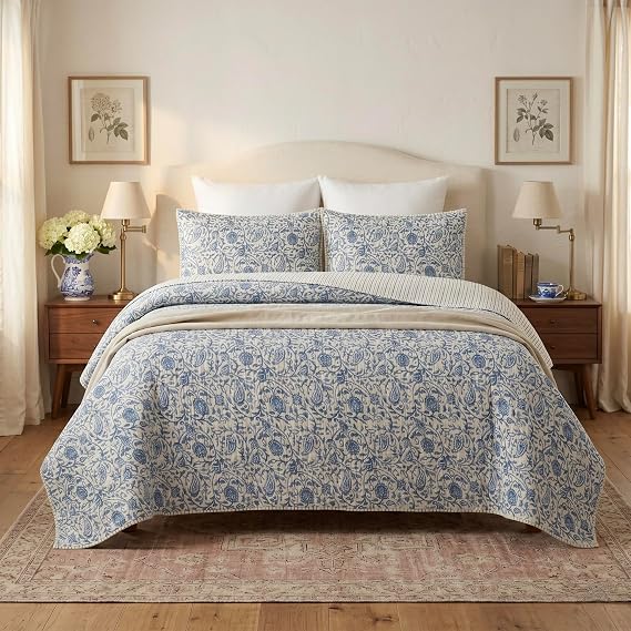 Modern Heirloom Blue Paisley 3-Piece Quilt Set, Full/Queen - Reversible 100% Cotton Gauze Bedspread with 2 Shams, Vintage Block Print Floral, Lightweight All-Season Coverlet | Breathable Material