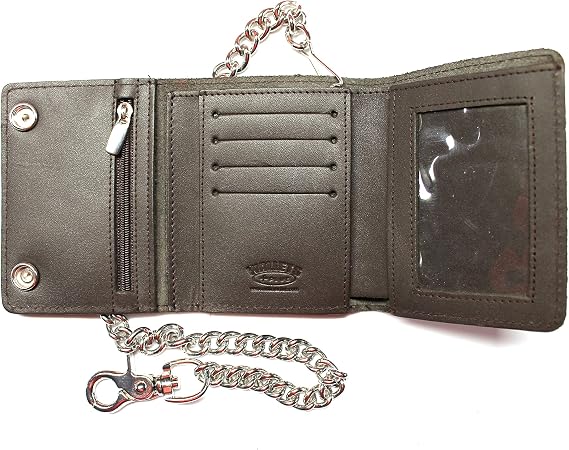 Leather Trifold Biker Wallet Constructed of Premium Leather with 18 inch Chain (Dark Brown)