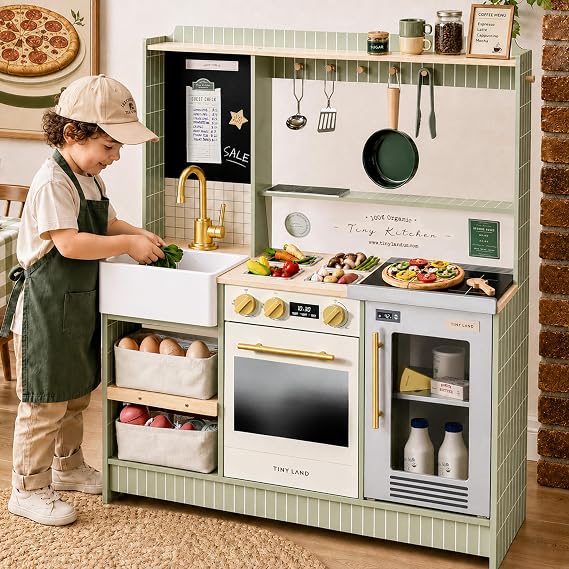 Tiny Land Wooden Play Kitchen with 2-in-1 Bistro Play