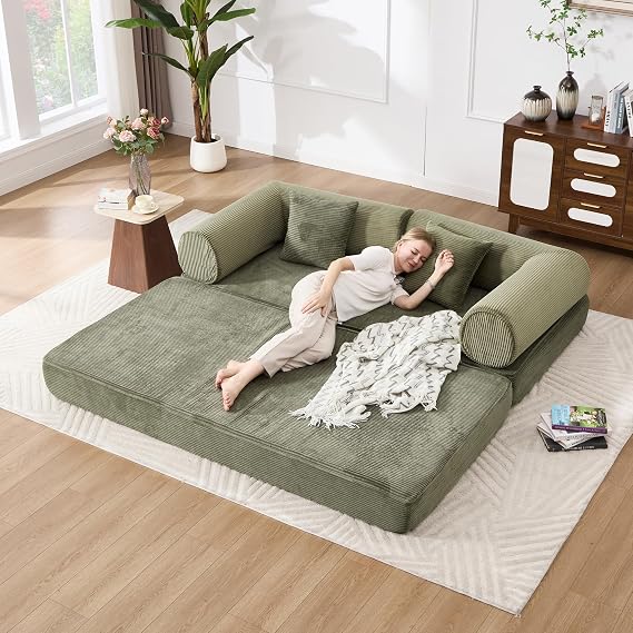 Tbfit 79'' Folding Boneless Couch, Oversized Corduroy Convertible Sofa Bed, Futon Mattress Sleeper Sofa, Comfy Foldable Upholstered Floor Couches for Living Room, Green