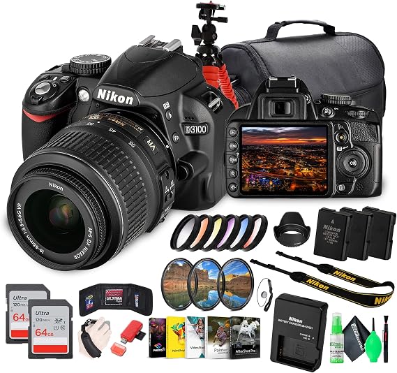 Nikon D3100 DSLR Camera with 18-55mm Lens (25472) & Photo Bundle | For Photography & Video + 2x 64GB Memory Cards + Camera Bag + Tripod + Cleaning Kit + More