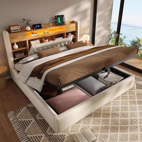 King Size Ottoman Bed Frame with Storage, Hydraulic Lift Up Bed with Charging Station & LED Lights, 5ft Upholstered Platform Bed Frame with Multifunctional Storage Headboard & Wood Slats, Linen,Beige