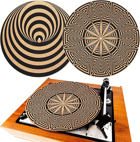 Briwooody 2 Pcs Cork Turntable Mat for Vinyl Records,Mix Pattern | 3mm Thick, Record Cork Mat, 11.8 Inches Vinyl LP Record Player, Psychedelic Geometric for Record Player Accessories
