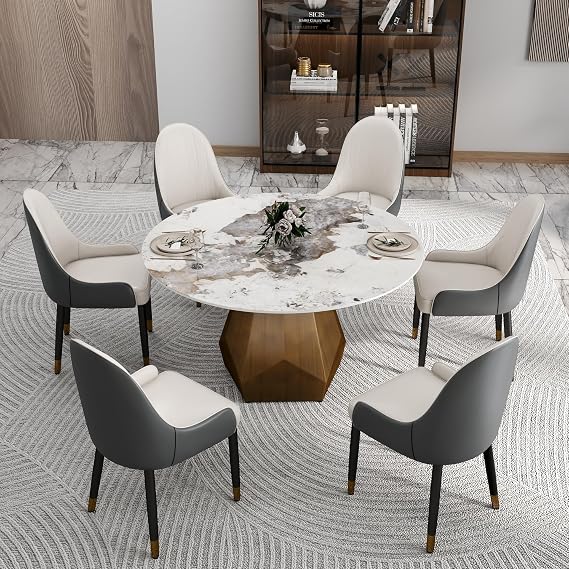 Luxury Round Marble Top Dining Table,Sintered Stone Dining Table for Guesthouse, Hotel, Restaurant Wood Color (Only Table, B-53Inchi)