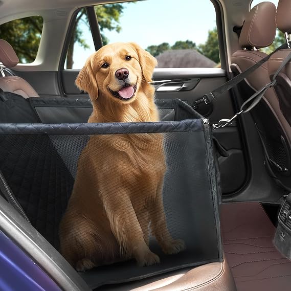 Dog Car Seat for Medium Dogs - Foldable, Waterproof & Non-Slip Pet Car Seat with Storage Pocket - Ventilated Design for Comfort - Fits Up to 50lbs - Machine Washable - Free Collar & Leash