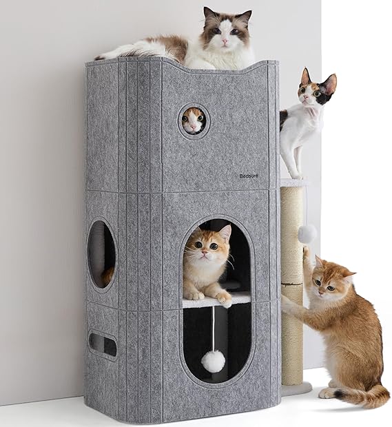 Bedsure 3-Level Cat Tree for Indoor Cats with Scratching Post,Grey | 22.5x31.5x13in,Cat Bed Condo for Multiple Pets with Fluffy Ball,Hideaway Cave for Kitten to Sleeping Play