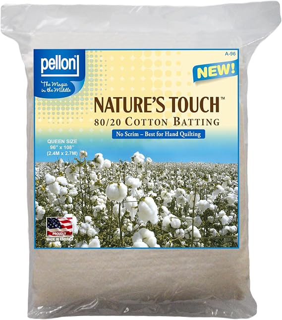Pellon Natures Touch 80/20 Cotton Polyester Quilt Batting No Scrim Queen Size 90in x 108in, Soft Loft Quilting Batting