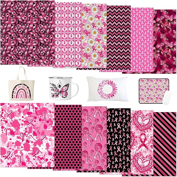 Tintnut Black Pink Ribbon Sublimation Ink Transfer Sheets - 12 Sheets 12"x10"Pink Ribbon Pattern Sublimation Transfer Paper Bundle for DIY Mugs, Tumblers, Key Chain, T-Shirts