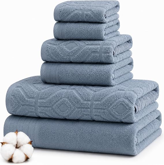 Modern Threads 6 Piece Bath Towel Set Bathroom Towel Set with 2 Bath Towels, 2 Hand Towels & 2 Washcloths 100% Cotton, Soft & Absorbent Geometric (Blue)