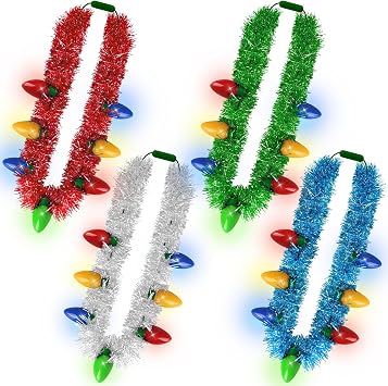 Light up Christmas Necklace, 4PCS Tinsel Christmas Necklaces Accessories, 7 Bulb Xmas Red Yellow Blue Green Silver Necklaces Party Supplies, 3 Modes Necklace Accessories for Xmas Ugly Sweater New Year