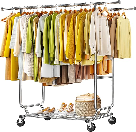 Raybee Clothes Rack Load 620 LBS, Metal Garment Storage with Shelf & Sturdy Wheels, Rolling Clothing Rack for Bedroom Laundry Room, Portable Commercial Garment Rack