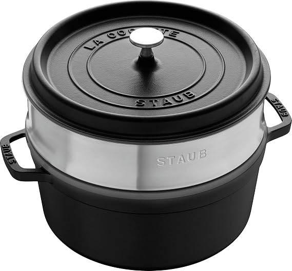 Staub 40510-606 Pico Cocotte Round Black, 10.2 inches 26 cm, Steamer Set, Large, Double Handle, Cast Enamel, Pot, Steamer, Induction Compatible, La Cocotte Round