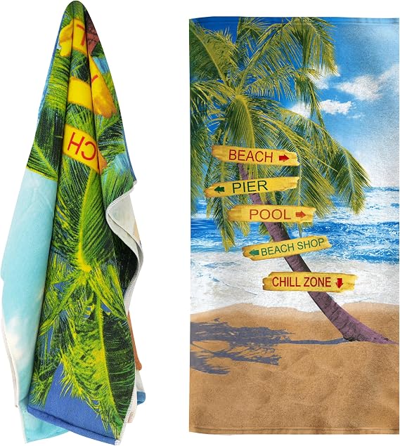 GEEZY Microfibre Beach Towel, Beach Signs Design - Quick Drying, Lightweight, Sand-Free, Large & Durable, Summer Design - Essentials for Travel, Holiday, Swimming, Sauna, Adults & Kids, 70x140cm