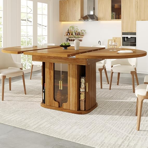 Extendable Dining Table 118–158 cm, Round Dining Table for 4–6 People, Small Kitchen Table with Glass Door Storage Cabinet, Space Saving Wooden Dining Tables for Kitchen, Walnut