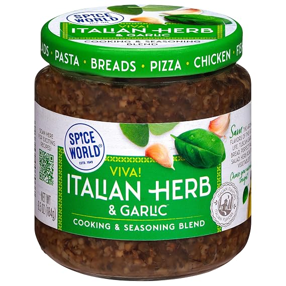 Spice World Garlic and Italian Herb Seasoning Blend Ready-to-Use Seasonings for Cooking - 6.5oz Italian Seasoning Spice Adds Aromatic Flavor to Marinades, Pasta, Pizza, Dips, Veggies, More